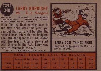 1962 Topps #348 Larry Burright Back