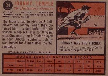 1962 Topps #34 Johnny Temple Back