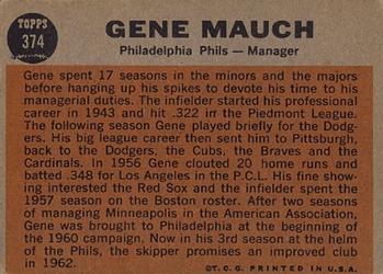 1962 Topps #374 Gene Mauch Back