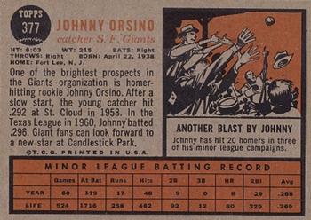 1962 Topps #377 Johnny Orsino Back