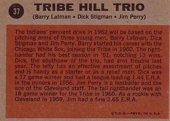 1962 Topps #37 Tribe Hill Trio (Barry Latman / Dick Stigman / Jim Perry) Back