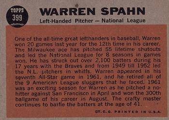 1962 Topps #399 Warren Spahn Back