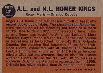 1962 Topps #401 AL & NL Homer Kings (Rogers Maris / Orlando Cepeda) Back