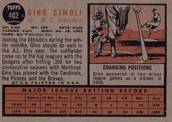 1962 Topps #402 Gino Cimoli Back