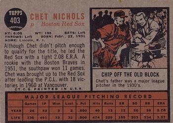 1962 Topps #403 Chet Nichols Back