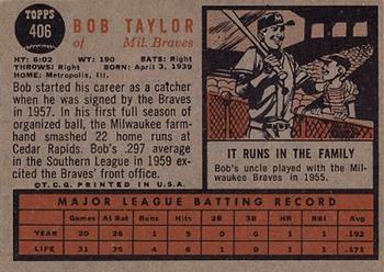 1962 Topps #406 Bob Taylor Back