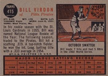 1962 Topps #415 Bill Virdon Back