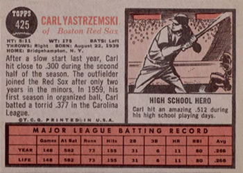 1962 Topps #425 Carl Yastrzemski Back