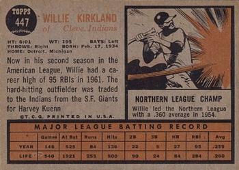 1962 Topps #447 Willie Kirkland Back