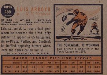 1962 Topps #455 Luis Arroyo Back