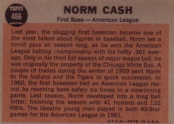 1962 Topps #466 Norm Cash Back