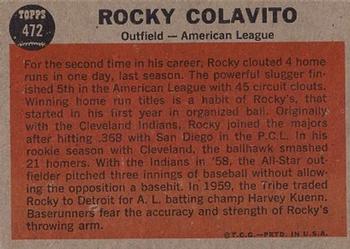 1962 Topps #472 Rocky Colavito Back
