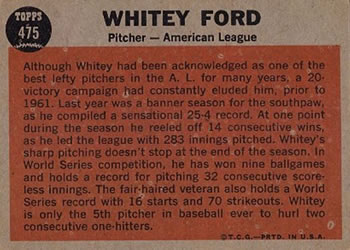 1962 Topps #475 Whitey Ford Back