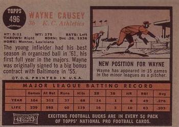 1962 Topps #496 Wayne Causey Back