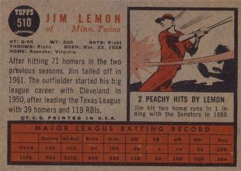 1962 Topps #510 Jim Lemon Back
