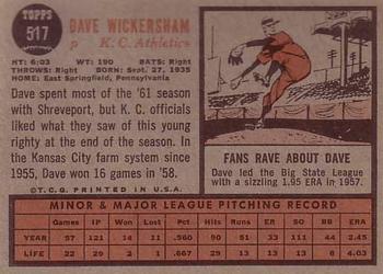 1962 Topps #517 Dave Wickersham Back