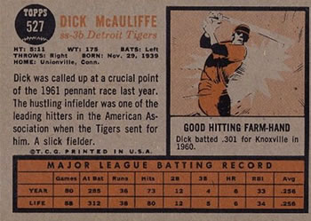 1962 Topps #527 Dick McAuliffe Back