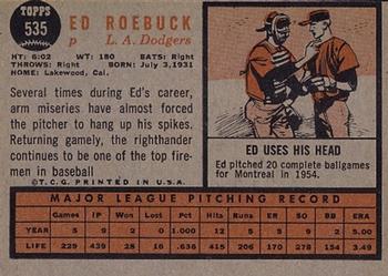 1962 Topps #535 Ed Roebuck Back