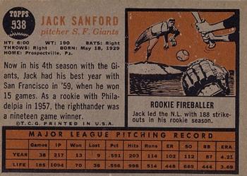 1962 Topps #538 Jack Sanford Back