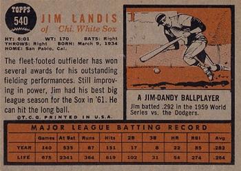 1962 Topps #540 Jim Landis Back