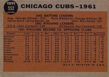 1962 Topps #552 Chicago Cubs Back