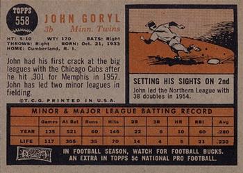 1962 Topps #558 John Goryl Back