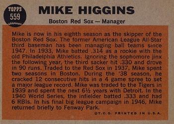 1962 Topps #559 Mike Higgins Back