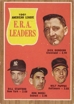 1962 Topps #55 1961 American League E.R.A. Leaders (Dick Donovan / Bill Stafford / Don Mossi / Milt Pappas) Front