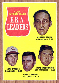 1962 Topps #56 1961 National League E.R.A. Leaders (Warren Spahn / Jim O'Toole / Curt Simmons / Mike McCormick) Front