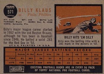 1962 Topps #571 Billy Klaus Back