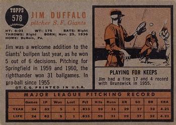 1962 Topps #578 Jim Duffalo Back