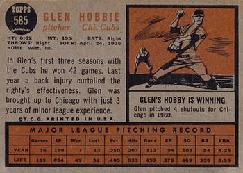 1962 Topps #585 Glen Hobbie Back
