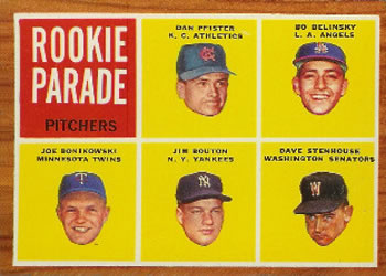1962 Topps #592 Rookie Parade Pitchers (Dan Pfister / Bo Belinsky / Joe Bonikowski / Jim Bouton / Dave Stenhouse) Front
