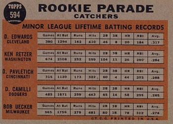 1962 Topps #594 Rookie Parade Catchers (Doc Edwards / Ken Retzer / Don Pavletich / Doug Camilli / Bob Uecker) Back
