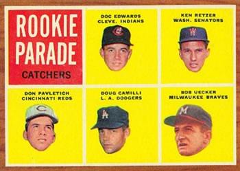1962 Topps #594 Rookie Parade Catchers (Doc Edwards / Ken Retzer / Don Pavletich / Doug Camilli / Bob Uecker) Front