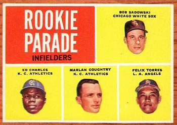 1962 Topps #595 Rookie Parade Infielders (Bob Sadowski / Ed Charles / Marlan Coughtry / Felix Torres) Front