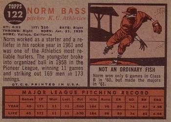 1962 Topps #122 Norm Bass Back