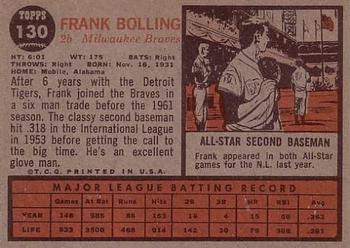 1962 Topps #130 Frank Bolling Back