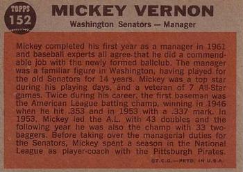 1962 Topps #152 Mickey Vernon Back