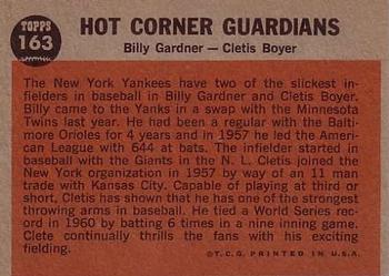 1962 Topps #163 Hot Corner Guardians (Clete Boyer / Billy Gardner) Back