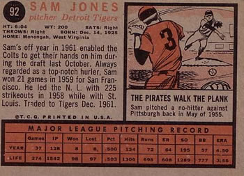 1962 Topps #92 Sam Jones Back