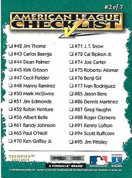 1995 Select Certified - Checklists #2 American League Checklist Back