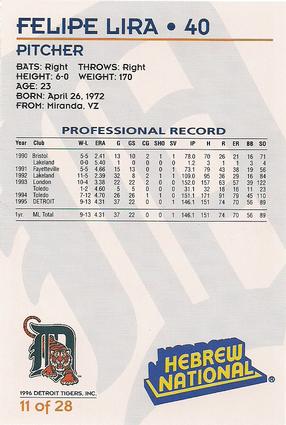 1996 Hebrew National Detroit Tigers #11 Felipe Lira Back