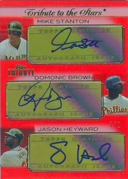2011 Topps Tribute - Tribute to the Stars Triple Autographs Red #TSTA-SBH Mike Stanton / Domonic Brown / Jason Heyward Front