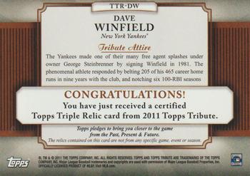 2011 Topps Tribute - Triple Relics #TTR-DW Dave Winfield Back