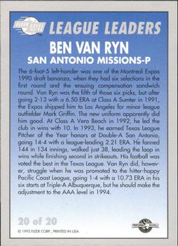 1993-94 Fleer Excel - League Leaders #20 Ben Van Ryn Back