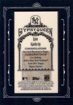 2011 Topps Gypsy Queen - Framed Mini Relics #FMRC-LG Lou Gehrig Back