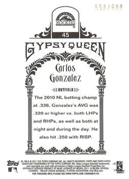 2011 Topps Gypsy Queen - Framed Paper #45 Carlos Gonzalez Back