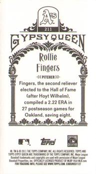 2011 Topps Gypsy Queen - Mini Framed Printing Plates Black #211 Rollie Fingers Back