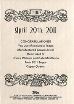 2011 Topps Gypsy Queen - Royal Wedding Jewel Relic #PWR Prince William / Kate Middleton Back